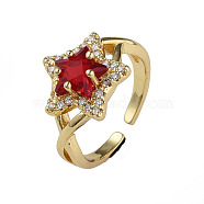 Cubic Zirconia Star Open Cuff Rings, Real 18K Gold Plated Brass Jewelry for Women, Nickel Free, Red, US Size 6 3/4(17.1mm)(RJEW-N035-133E)