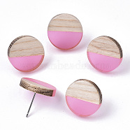 Transparent Resin & Wood Stud Earrings, with 304 Stainless Steel Pin, Flat Round, Pearl Pink, 15mm, Pin: 0.7mm(EJEW-N017-003A-D04)