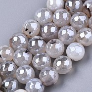 Natural Agate Beads Strands, Pearl Luster Plated, Faceted, Round, Gainsboro, 9~10mm, Hole: 1mm, about 37pcs/strand, 14.17 inch~14.57 inch(36~37cm)(G-N326-76A)