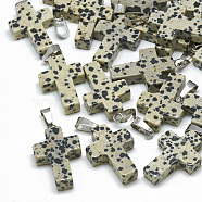 Natural Dalmatian Jasper Pendants, with Stainless Steel Snap On Bails, Cross, 29~30x18~19x5~6mm, Hole: 6x4mm(X-G-T080-26)