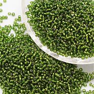 12/0 Transparent Glass Round Seed Beads, Grade A, Silver Lined, Dark Olive Green, 1.8~2.0mm, Hole: 0.8mm, about 28000pcs/pound(SEED-J010-F12-35)