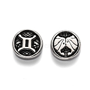 304 Stainless Steel Beads, Flat Round with Twelve Constellations, Antique Silver, Gemini, 10x4mm, Hole: 1.8mm(STAS-H156-01D)
