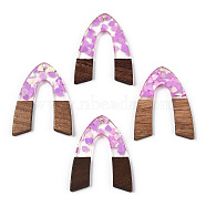 Transparent Resin & Walnut Wood Pendants, with Heart Paillettes, Arch Shape Charms, Violet, 38x29x3mm, Hole: 2mm(RESI-N039-66A)