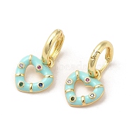Heart Real 18K Gold Plated Brass Dangle Hoop Earrings, with Cubic Zirconia and Enamel, Pale Turquoise, 21.5x11.5mm(EJEW-L268-038G-02)