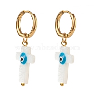 304 Stainless Steel Huggie Hoop Earrings, with Natural Shell Beads, Cross with Evil Eye, Dodger Blue, Golden, 37mm, Pin: 1mm(EJEW-JE04533-05)