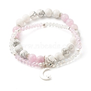 Moon and Star Charm Multi-strand Bracelet, Natural Howlite & Kunzite Round Beads Bracelet, Sparkling Glass Beads Bracelet for Girl Women, Inner Diameter: 2-1/8 inch(5.4cm)(BJEW-TA00033-03)