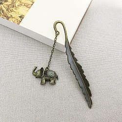 Glow in The Dark Bookmark, Luminous Alloy Feather Shape Bookmark, Pendant Bookmark, Antique Bronze, Elephant Pattern, 115mm(OFST-PW0006-40C)