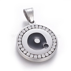 304 Stainless Steel Enamel Pendants, with Cubic Zirconia, Flat Round with Letter, Stainless Steel Color, Clear, Letter.Q, 29x25x3mm, Hole: 5.5x8.5mm(STAS-E439-90Q-P)