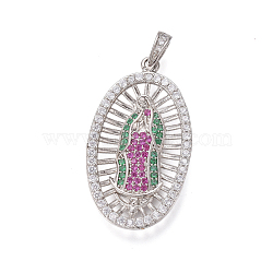 Religion Theme Brass Micro Pave Cubic Zirconia Pendants, Lady of Guadalupe Charms, Oval with Virgin Mary, Colorful, Platinum, 31.5x17.5x3mm, Hole: 2.5x4mm(ZIRC-I032-71P)