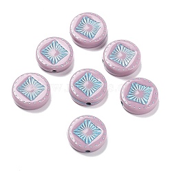 Opaque Acrylic Beads, Metal Enlaced, Flat Round with Rhombus Pattern, Flamingo, 15~15.5x4.5~5mm, Hole: 1.8mm, about 606pcs/500g(OACR-G016-07H)