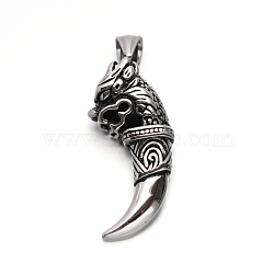 Vintage 304 Stainless Steel Dragon Tusk Big Pendants, Antique Silver, 54x12.5x20mm, Hole: 5x8mm(STAS-F011-36A)