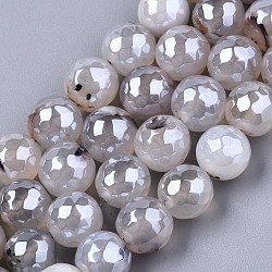 Natural Agate Beads Strands, Pearl Luster Plated, Faceted, Round, Gainsboro, 9~10mm, Hole: 1mm, about 37pcs/strand, 14.17 inch~14.57 inch(36~37cm)(G-N326-76A)