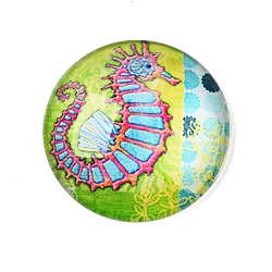 Glass Cabochons, Half Round with Ocean Theme, Colorful, Sea Horse, 34.5x9.5mm(GGLA-T004-11K)