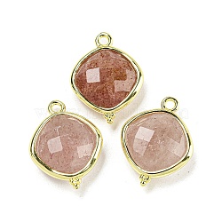 Natural Strawberry Quartz Pendants, Rack Plating Golden Plated Brass Faceted Rhombus Charms, 19x14.5x5.5mm, Hole: 1.6mm(G-M431-12G-05)
