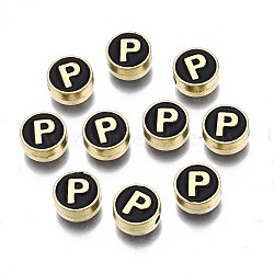 Alloy Enamel Beads, Cadmium Free & Lead Free, Light Gold, Flat Round with Alphabet, Black, Letter.P, 8x4mm, Hole: 1.5mm(ENAM-N052-006-02P-RS)
