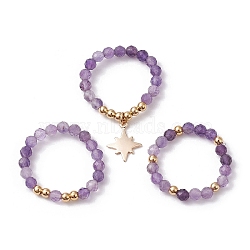 3Pcs 3 Style Natural Amethyst Beaded Stretch Rings Set, Stackable Rings with Brass Star Charms, Inner Diameter: 21~22mm, 1Pc/style(RJEW-JR00647-01)