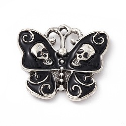 Alloy Enamel Pendants, Antique Silver, Butterfly with Skull Charm, Black, 20.5x23x4mm, Hole: 1.2mm(FIND-A021-06A)