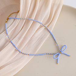 Feaceted Rondelle Glass Beaded Necklaces, Handmade Non-fading Bowknot Necklaces for Women, Cornflower Blue(LK3957-3)