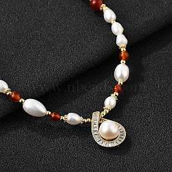 Brass Glass & Pearl Teardrop Pendant Necklaces, with Natural Carnelian Beads, Real 14K Gold Plated, 16.54 inch(42cm)(NJEW-P325-01G)