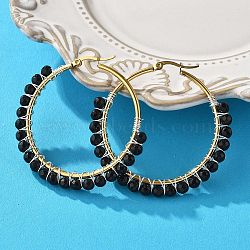 Beaded Hoop Earrings, with Natural Dyed & Heated Black Agate Beads, Golden Plated 304 Stainless Steel Hoop Earrings, 50mm, Pin: 0.6x1mm(EJEW-JE03830-04)