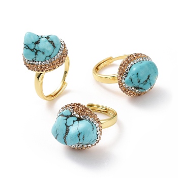 Adjustable Natural Turquoise Nugget Adjustable Ring with Rhinestone, Golden Brass Wide Ring for Women, Inner Diameter: 18~22mm