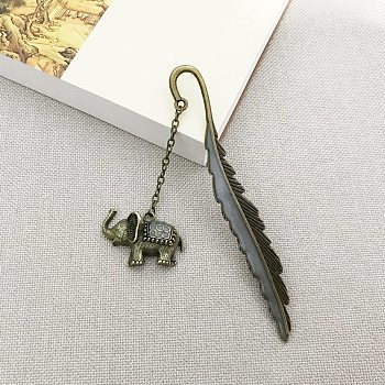Glow in The Dark Bookmark, Luminous Alloy Feather Shape Bookmark, Pendant Bookmark, Antique Bronze, Elephant Pattern, 115mm