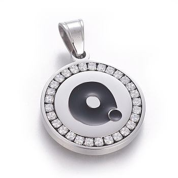 304 Stainless Steel Enamel Pendants, with Cubic Zirconia, Flat Round with Letter, Stainless Steel Color, Clear, Letter.Q, 29x25x3mm, Hole: 5.5x8.5mm
