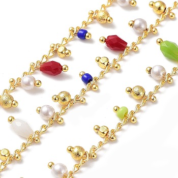 Handmade Brass Curb Chains, with Glass Charms, Real 18K Gold Plated, Soldered, with Spool, Mixed Color, 3mm