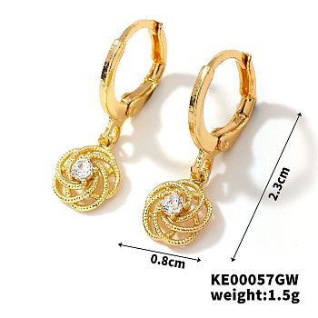 Fashionable Copper Inlaid Zircon Hoop Earrings, Elegant and Versatile Ear Accessories, Golden, Flower, 23x8mm