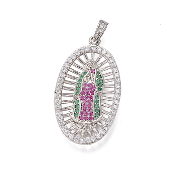 Religion Theme Brass Micro Pave Cubic Zirconia Pendants, Lady of Guadalupe Charms, Oval with Virgin Mary, Colorful, Platinum, 31.5x17.5x3mm, Hole: 2.5x4mm