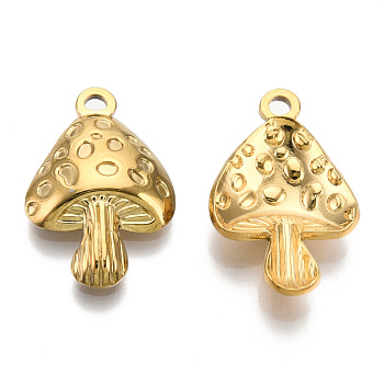 304 Stainless Steel Pendants, Mushroom Charm, Real 18K Gold Plated, 23.5x15.5x4mm, Hole: 1.8mm