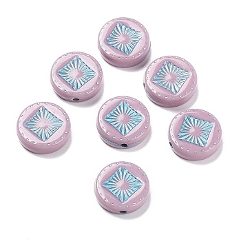 Opaque Acrylic Beads, Metal Enlaced, Flat Round with Rhombus Pattern, Flamingo, 15~15.5x4.5~5mm, Hole: 1.8mm, about 606pcs/500g