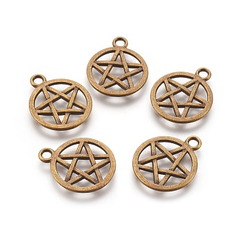 Tibetan Style Alloy Flat Round with Star Charms, Wicca Charms, Pentacle, Lead Free & Nickel Free, Antique Bronze, 20.5x16.9x1.7mm, Hole: 2.2mm