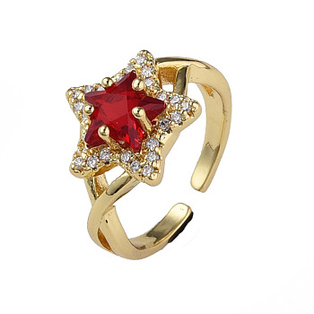 Cubic Zirconia Star Open Cuff Rings, Real 18K Gold Plated Brass Jewelry for Women, Nickel Free, Red, US Size 6 3/4(17.1mm)