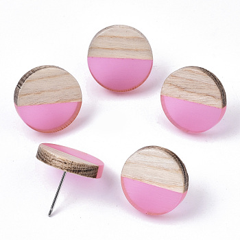 Transparent Resin & Wood Stud Earrings, with 304 Stainless Steel Pin, Flat Round, Pearl Pink, 15mm, Pin: 0.7mm