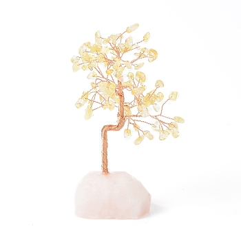 Natural Yellow Quartz Money Tree with Natural Rose Quartz Base Display Decorations, for Home Office Decor Good Luck, 61x45x145mm