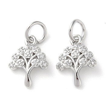 Rack Plating Brass Micro Pave Clear Cubic Zirconia Charms, Long-Lasting Plated, with Jump Rings, Tree, Platinum, 14x10x2mm