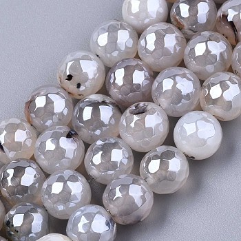 Natural Agate Beads Strands, Pearl Luster Plated, Faceted, Round, Gainsboro, 9~10mm, Hole: 1mm, about 37pcs/strand, 14.17 inch~14.57 inch(36~37cm)