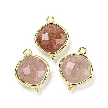 Natural Strawberry Quartz Pendants, Rack Plating Golden Plated Brass Faceted Rhombus Charms, 19x14.5x5.5mm, Hole: 1.6mm