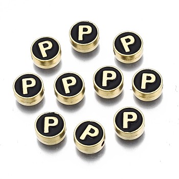 Alloy Enamel Beads, Cadmium Free & Lead Free, Light Gold, Flat Round with Alphabet, Black, Letter.P, 8x4mm, Hole: 1.5mm