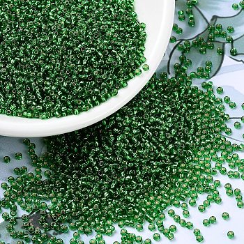 MIYUKI Round Rocailles Beads, Japanese Seed Beads, 11/0, (RR16) Silverlined Green, 2x1.3mm, Hole: 0.8mm, about 50000pcs/pound