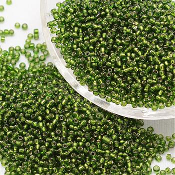 12/0 Transparent Glass Round Seed Beads, Grade A, Silver Lined, Dark Olive Green, 1.8~2.0mm, Hole: 0.8mm, about 28000pcs/pound