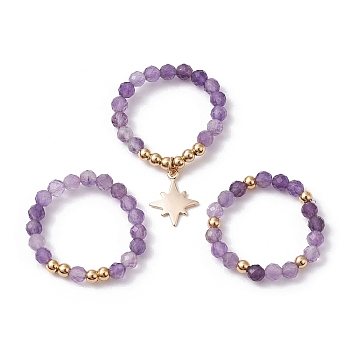 3Pcs 3 Style Natural Amethyst Beaded Stretch Rings Set, Stackable Rings with Brass Star Charms, Inner Diameter: 21~22mm, 1Pc/style