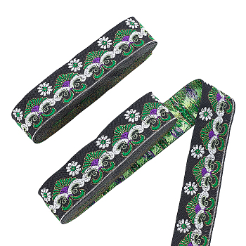Ethnic Style Embroidery Polyester Ribbons, Jacquard Ribbon, Tyrolean Ribbon, Garment Accessories, Flower Pattern, Lime Green, 1-1/4 inch(33mm), 0.5mm, about 7.66 Yards(7m)/pc
