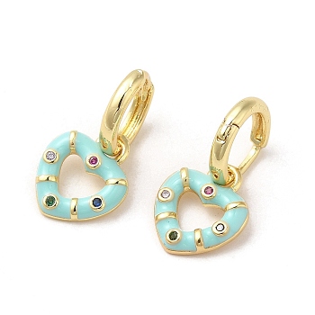 Heart Real 18K Gold Plated Brass Dangle Hoop Earrings, with Cubic Zirconia and Enamel, Pale Turquoise, 21.5x11.5mm