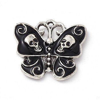 Alloy Enamel Pendants, Antique Silver, Butterfly with Skull Charm, Black, 20.5x23x4mm, Hole: 1.2mm