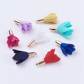 Cloth Flower Pendants, with Brass Findings, Golden, Mixed Color, 22x17mm, Hole: 1mm