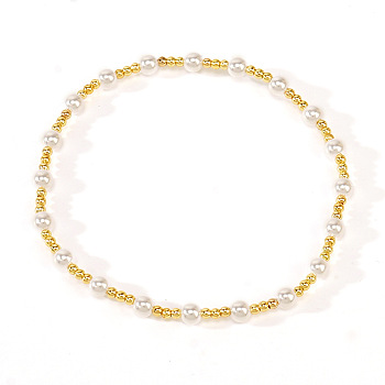 Minimalist Brass Beads Stretch Bracelets, Plastic Imitation Pearl Beaded Bracelets for Women, White, 