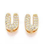 Brass Micro Pave Clear Cubic Zirconia Beads, Letter, Nickel Free, Letter U, 9x7x5mm, Hole: 3X1.8mm(KK-T071-17G-U)