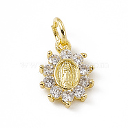 Brass Micro Pave Cubic Zirconia Charms, with Jump Ring, Oval Flower with Religion Virgin Mary Charm, Real 18K Gold Plated, 12x9x2mm, Hole: 3mm(ZIRC-F132-36G)